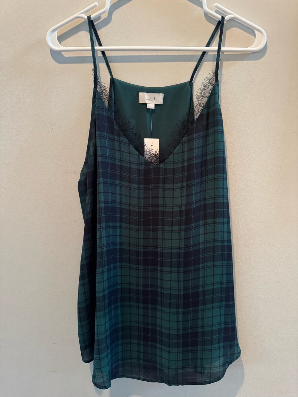 NWT LOFT Green and Navy Plaid Lace-Trim Top